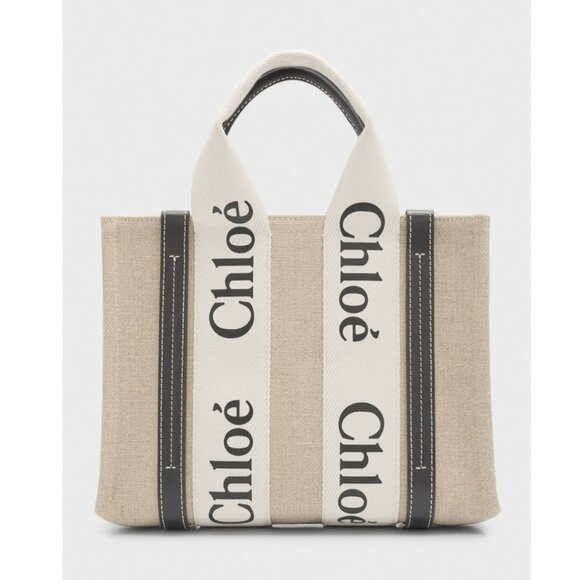 Chloe Woody Small Tote Bag in Linen with Crossbody Strap - Picture 1 of 8